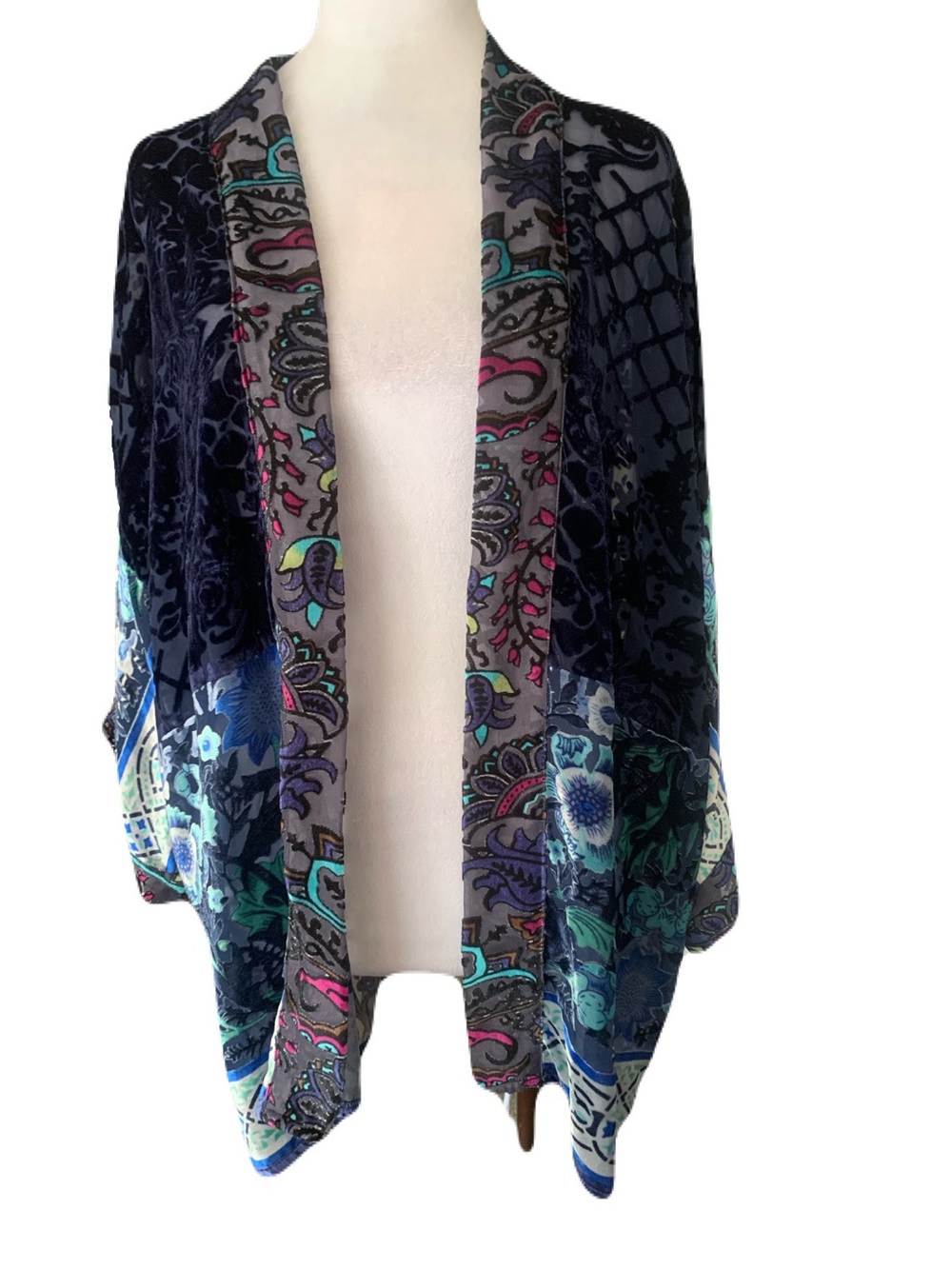 Soft Surroundings Womens PL/PXL Multicolor Blue Velvet Burnout Short Kimono Boho
